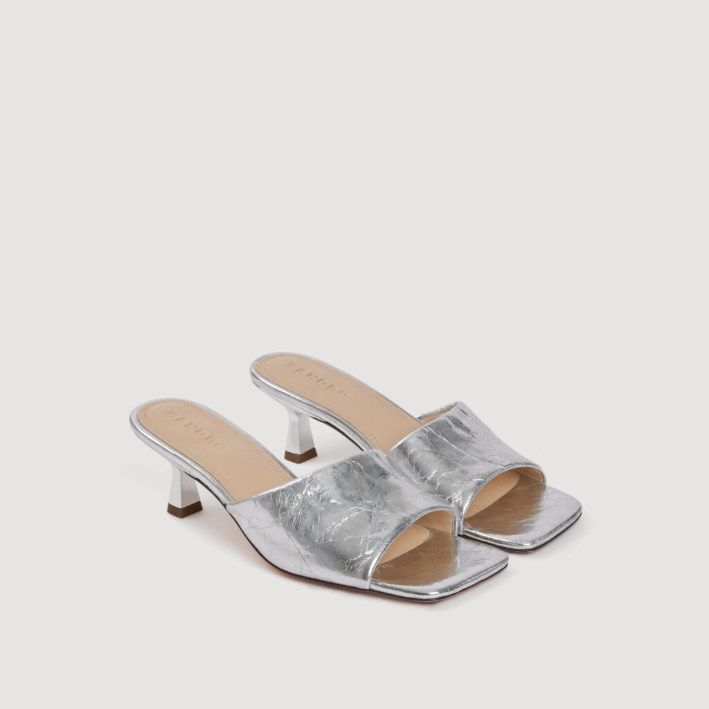 Mules à talon en cuir métallisé