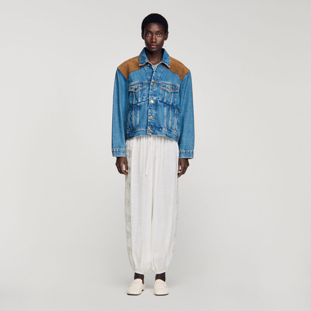 Blouson en denim et cuir suède