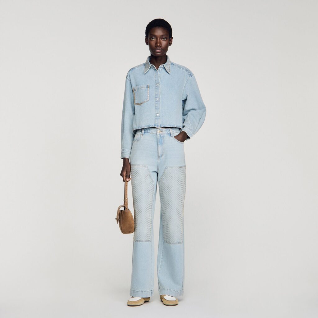 Chemise courte en jean strassée