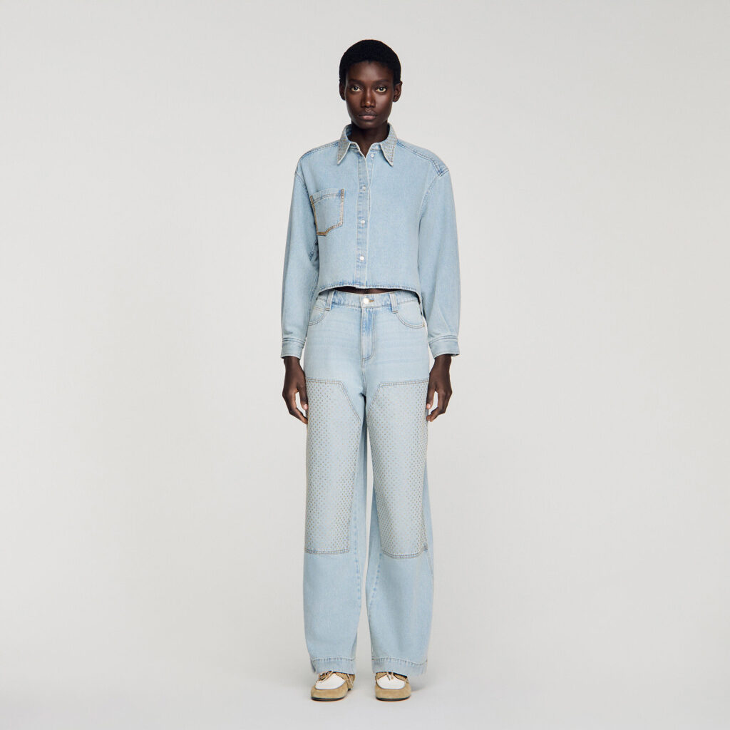 Chemise courte en jean strassée