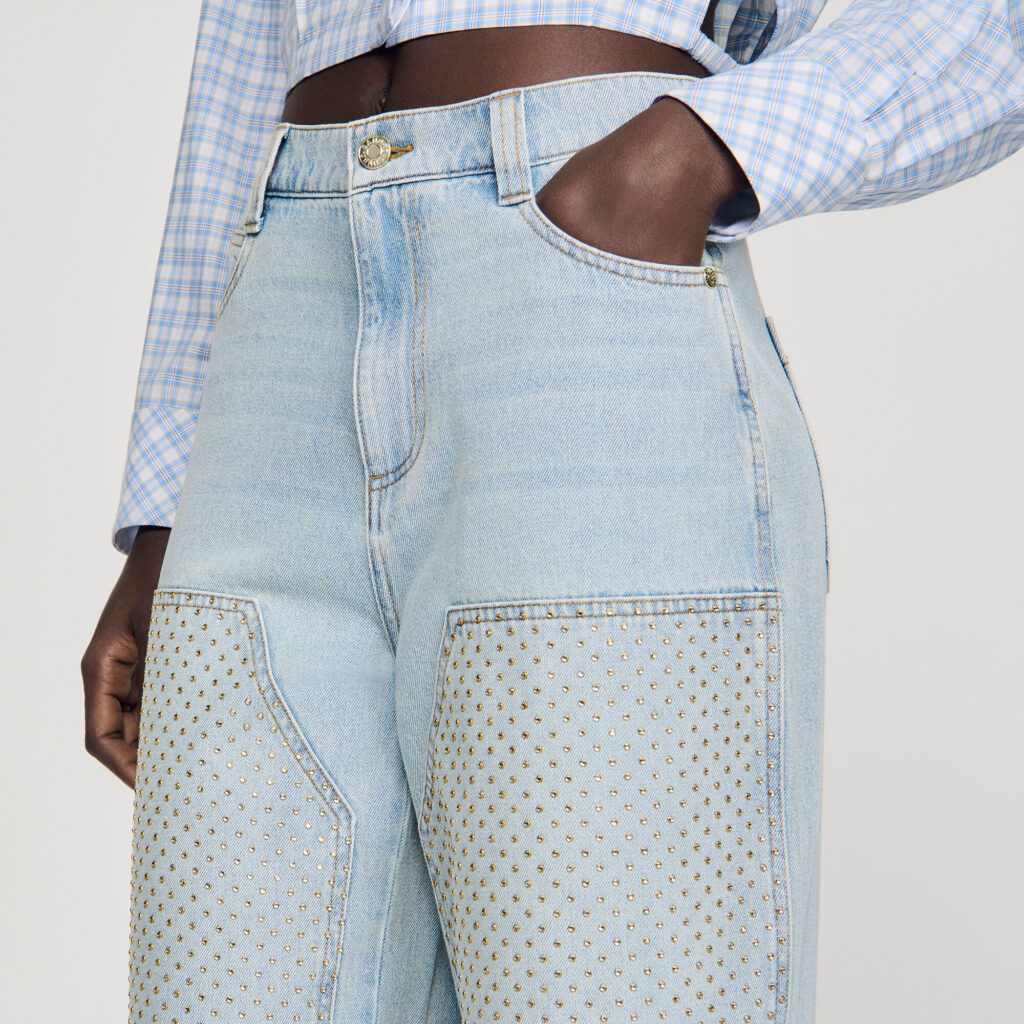 Jean droit patch strassé délavé