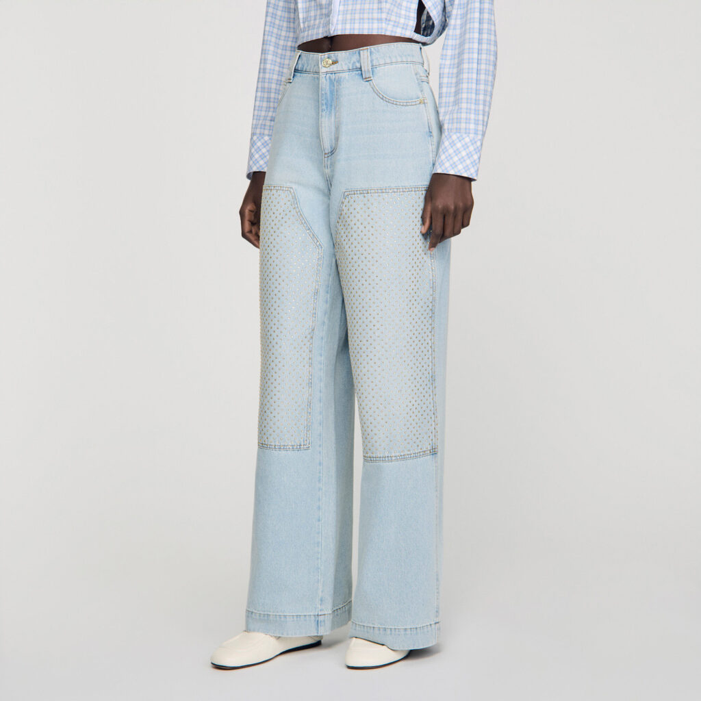 Jean droit patch strassé délavé