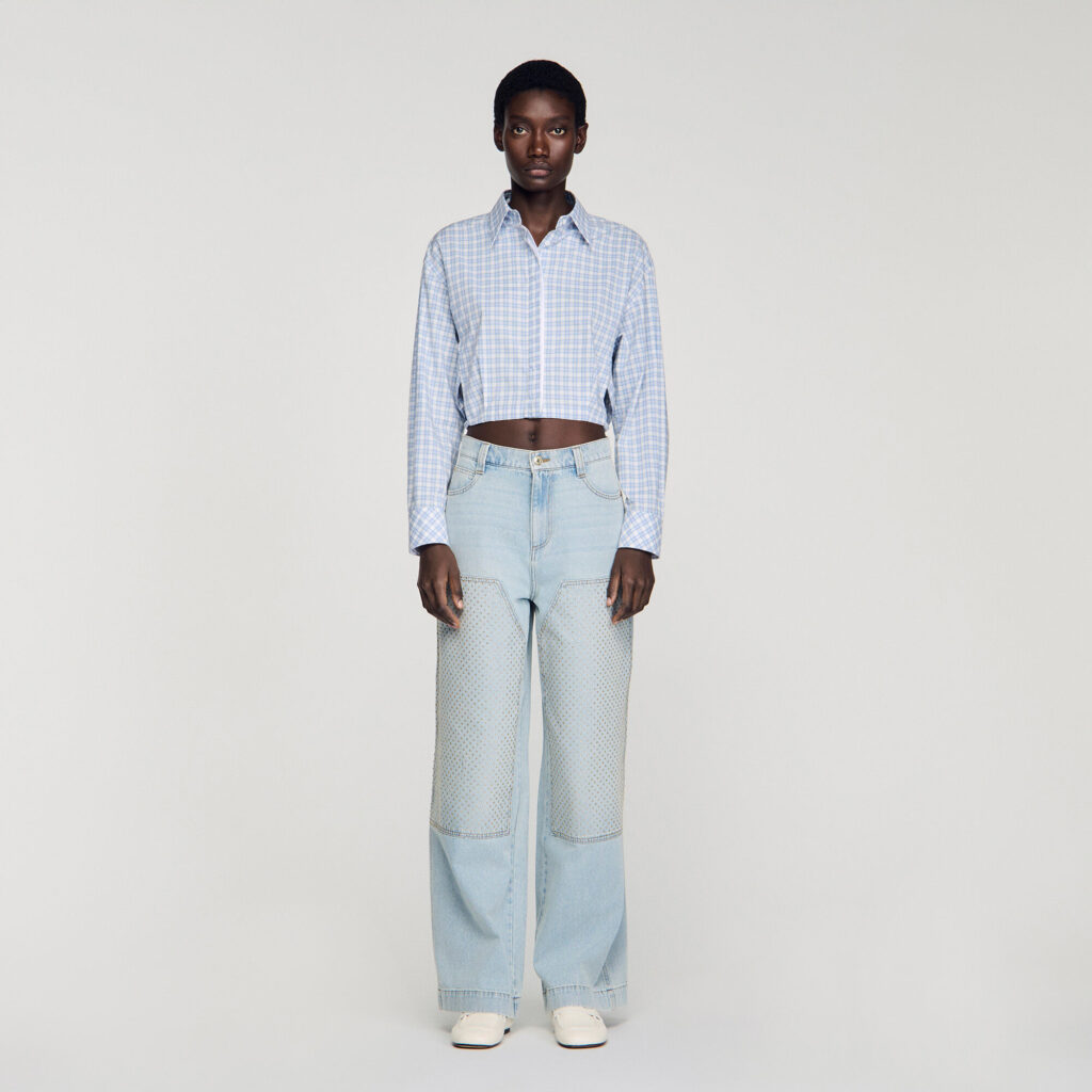 Jean droit patch strassé délavé