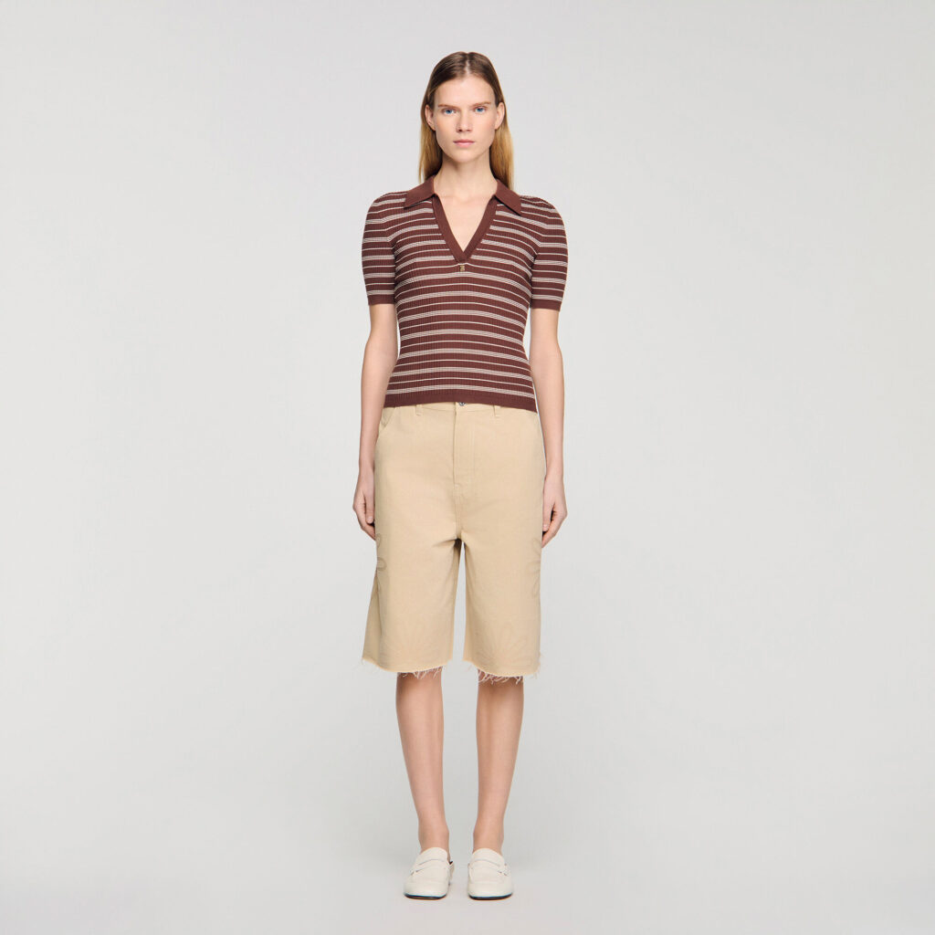 Pull à rayures col polo V