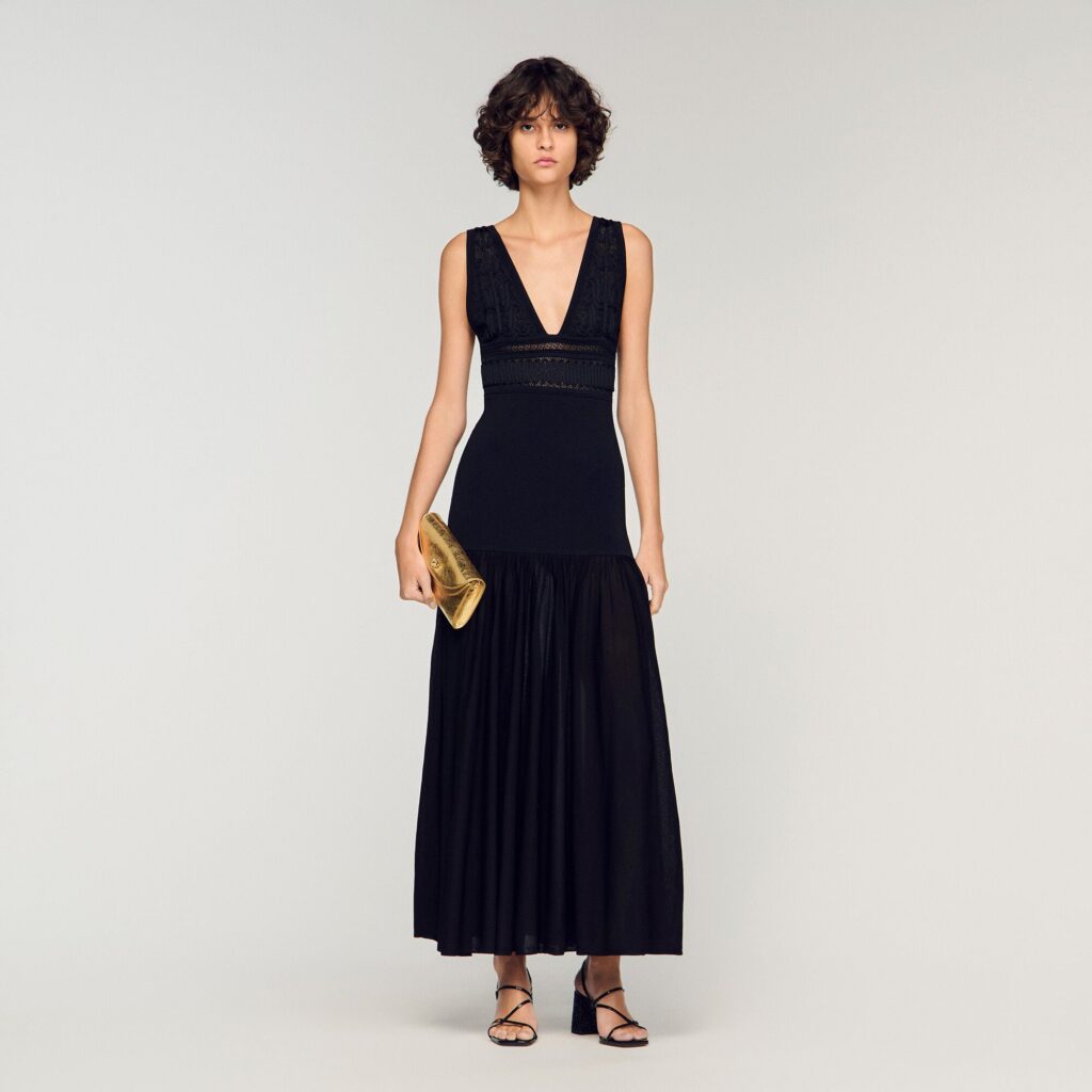Robe longue en maille à volants