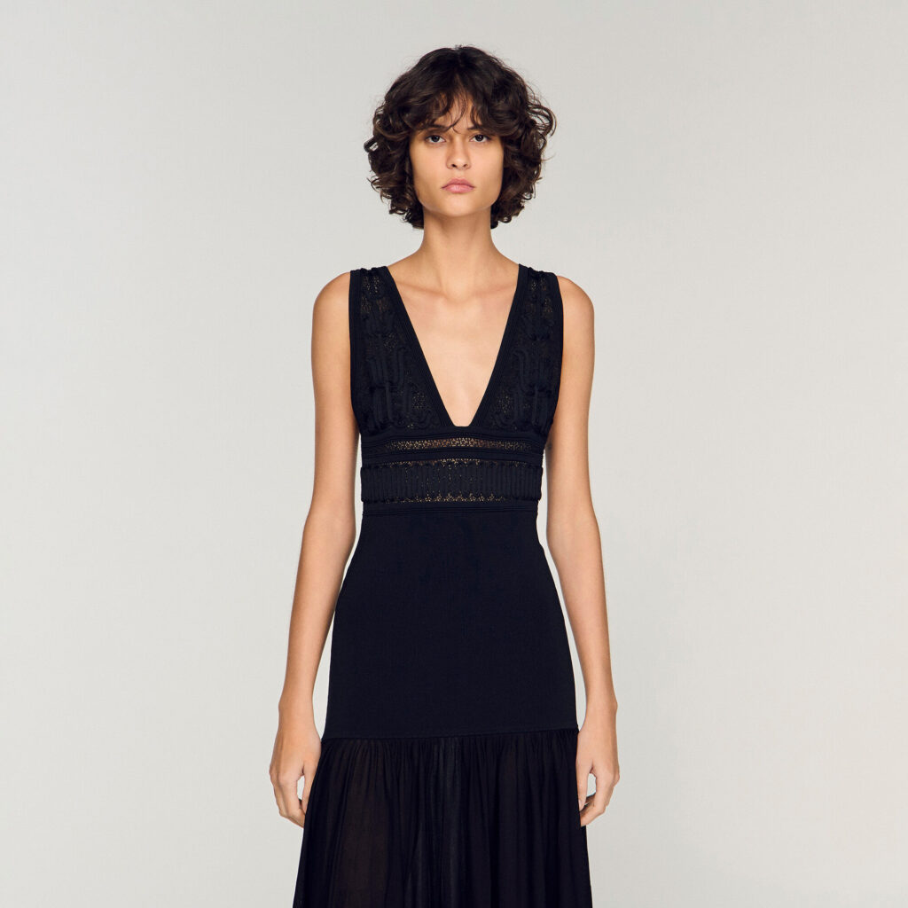 Robe longue en maille à volants