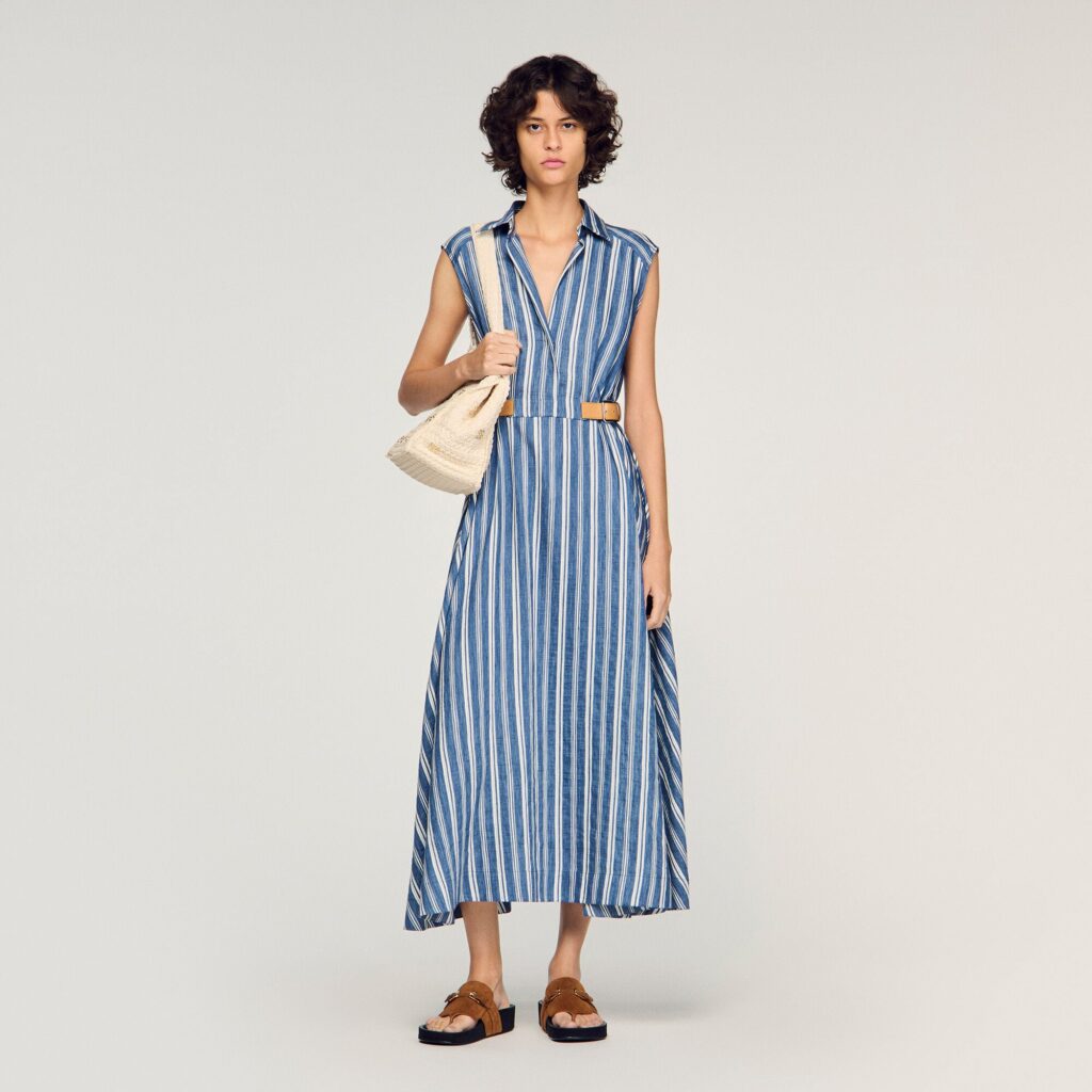 Robe longue à rayures et patte cuir