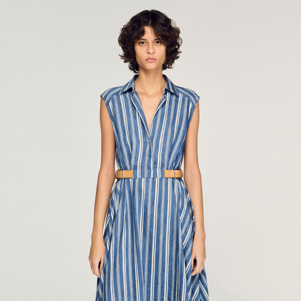 Robe longue à rayures et patte cuir
