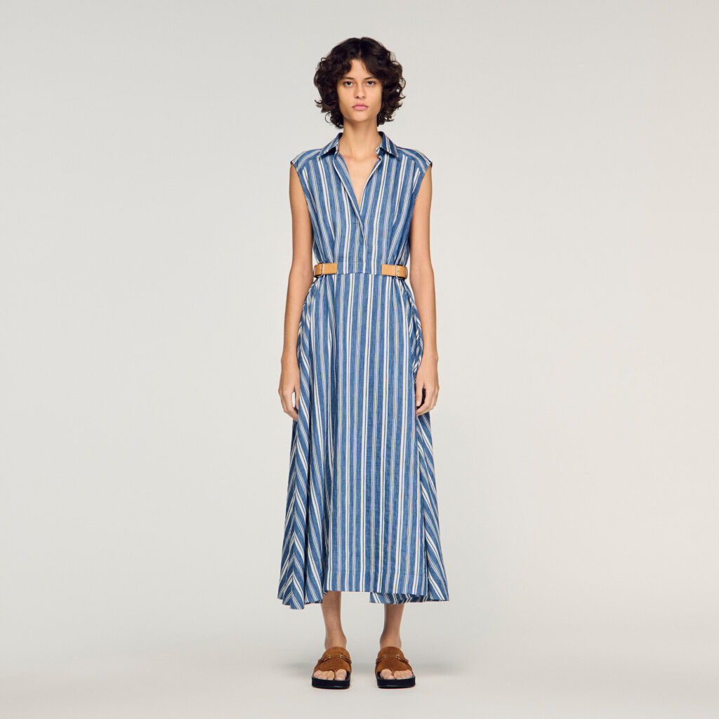 Robe longue à rayures et patte cuir