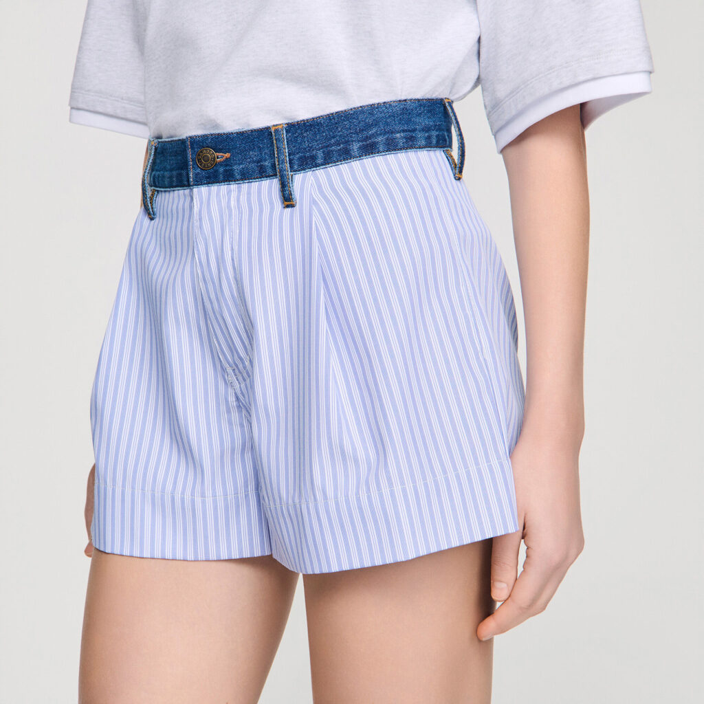 Short rayé à détails denim