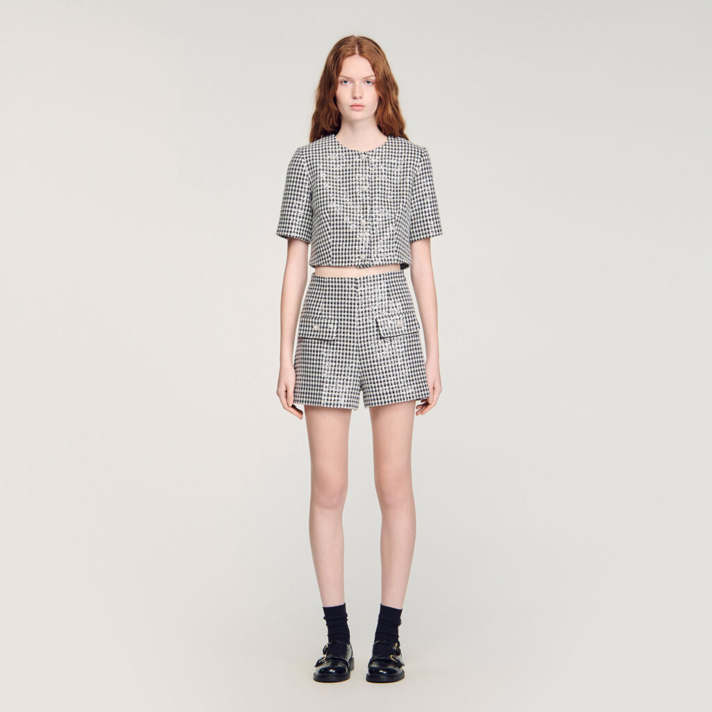 Short tweed à sequins pied-de-poule