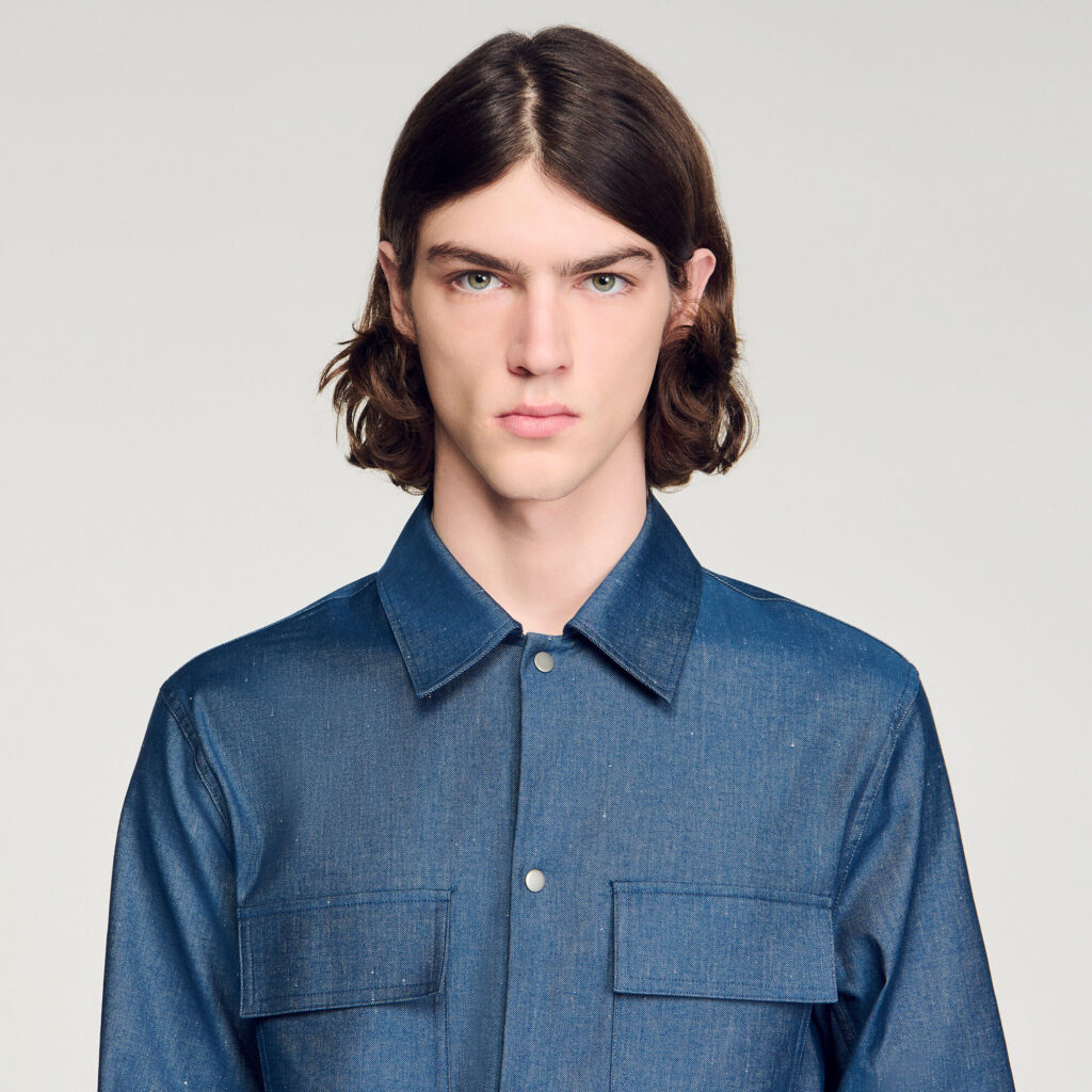 Chemise effet denim en coton et lin