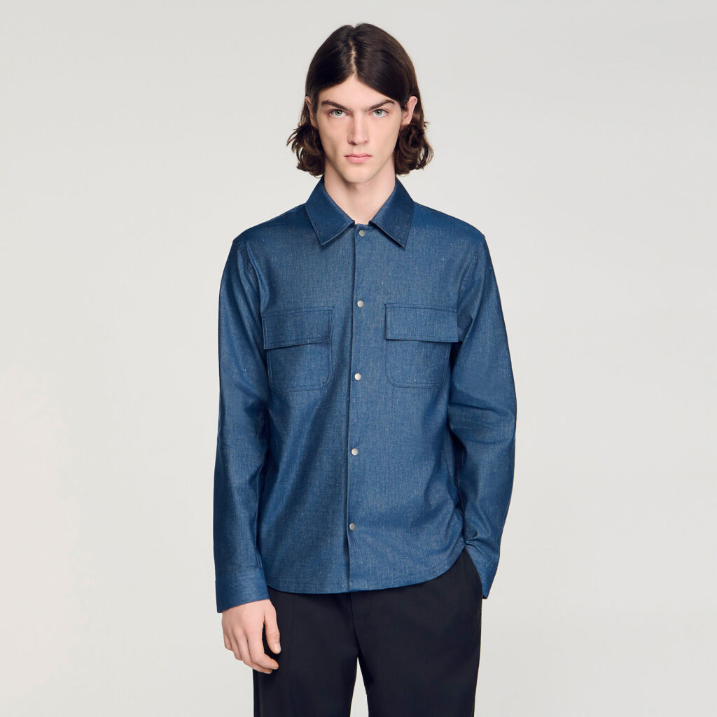 Chemise effet denim en coton et lin