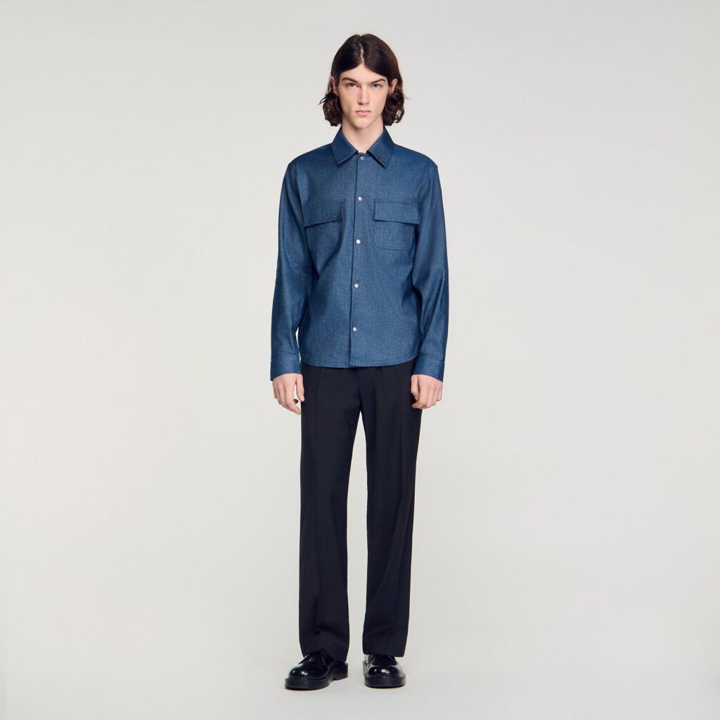 Chemise effet denim en coton et lin