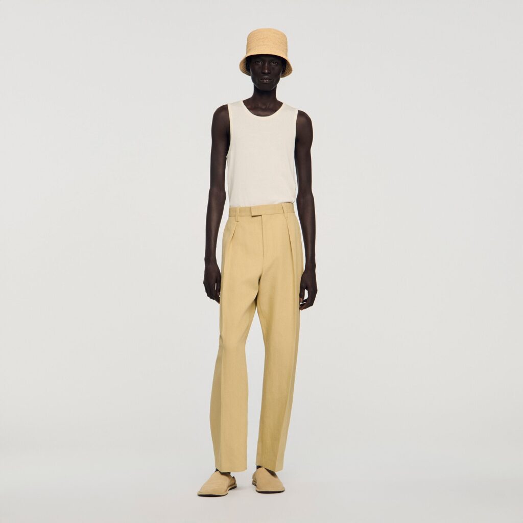 Pantalon large en coton et lin à pli