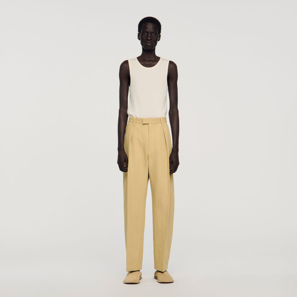 Pantalon large en coton et lin à pli